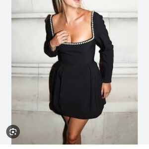 New without Tags Elegant Black Mini Dress with Pearl Detail Neckline NWOT
